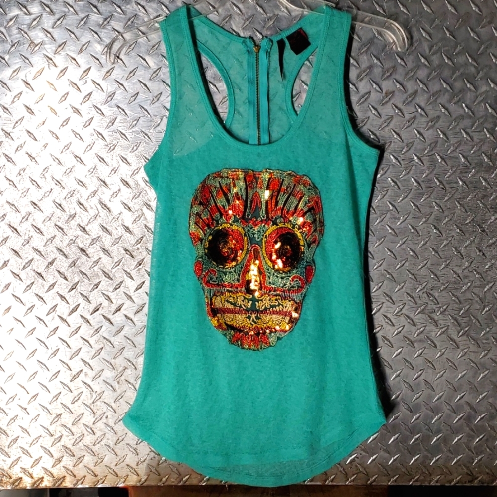 Skull Tank Top Sequin Turquoise Beautiful Zip Up Back sz S Like New 💥